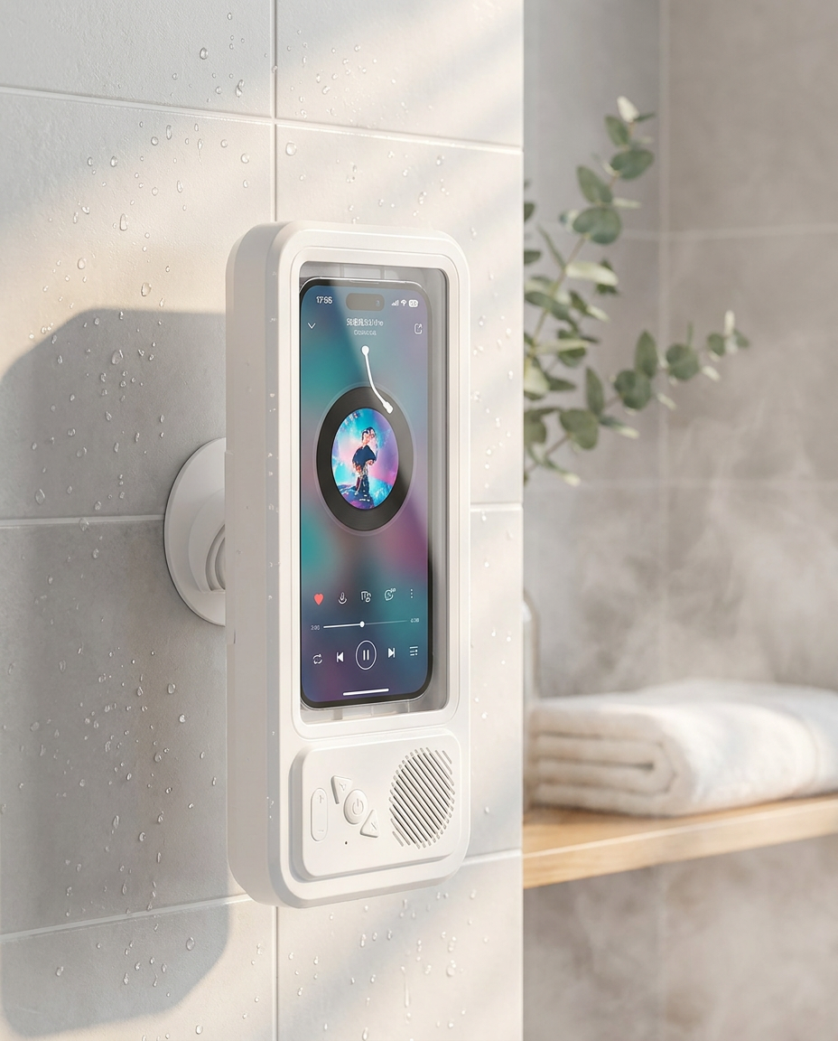 Sudsonic phone holder mounted on shower tile with phone playing music