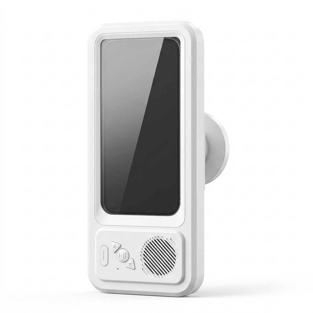 Sudsonic waterproof shower phone holder with Bluetooth speaker in white