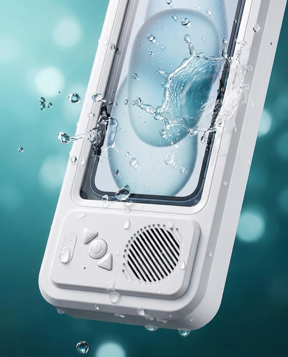 Water droplets splashing off the Sudsonic waterproof touchscreen cover