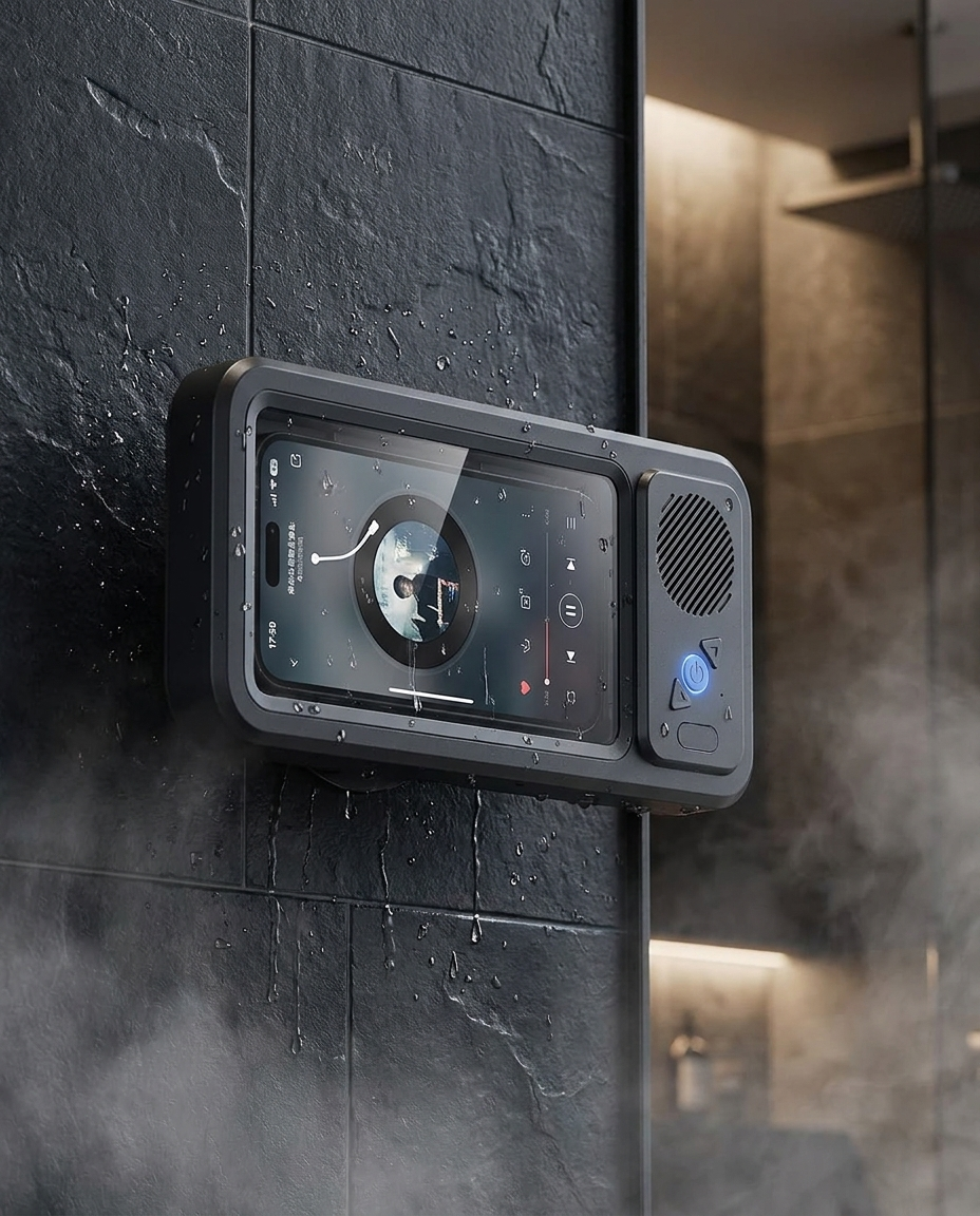 Black Sudsonic phone holder mounted on dark slate shower tile