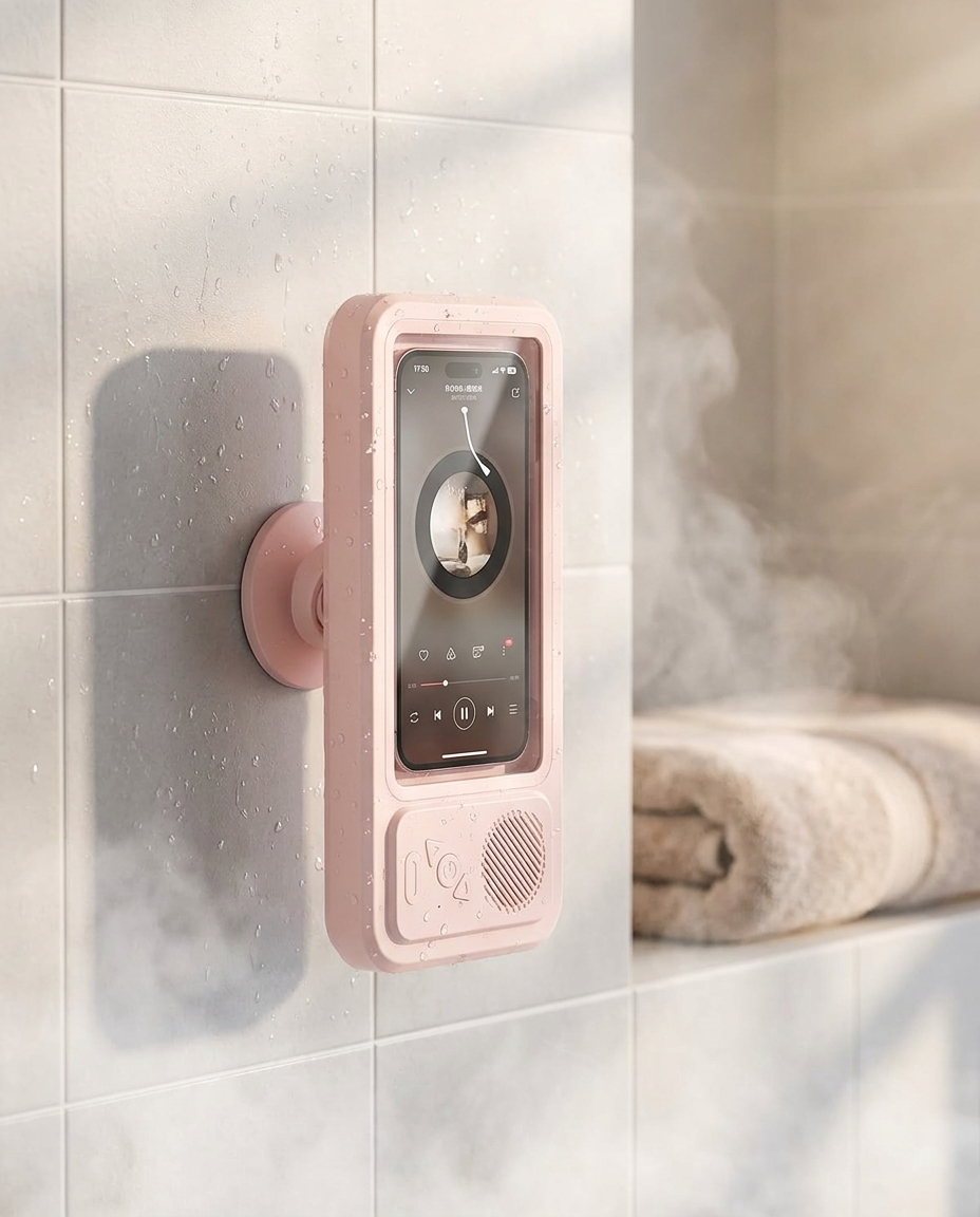 Pink Sudsonic phone holder mounted on shower tile