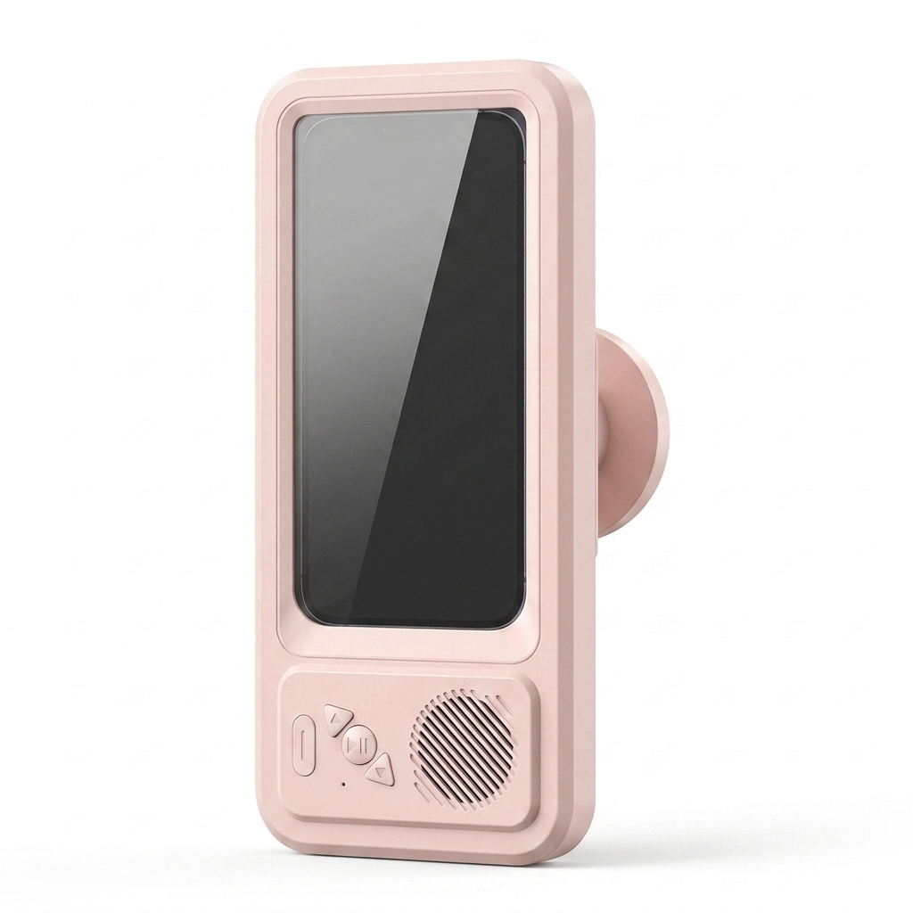 Sudsonic waterproof shower phone holder in pink - product shot